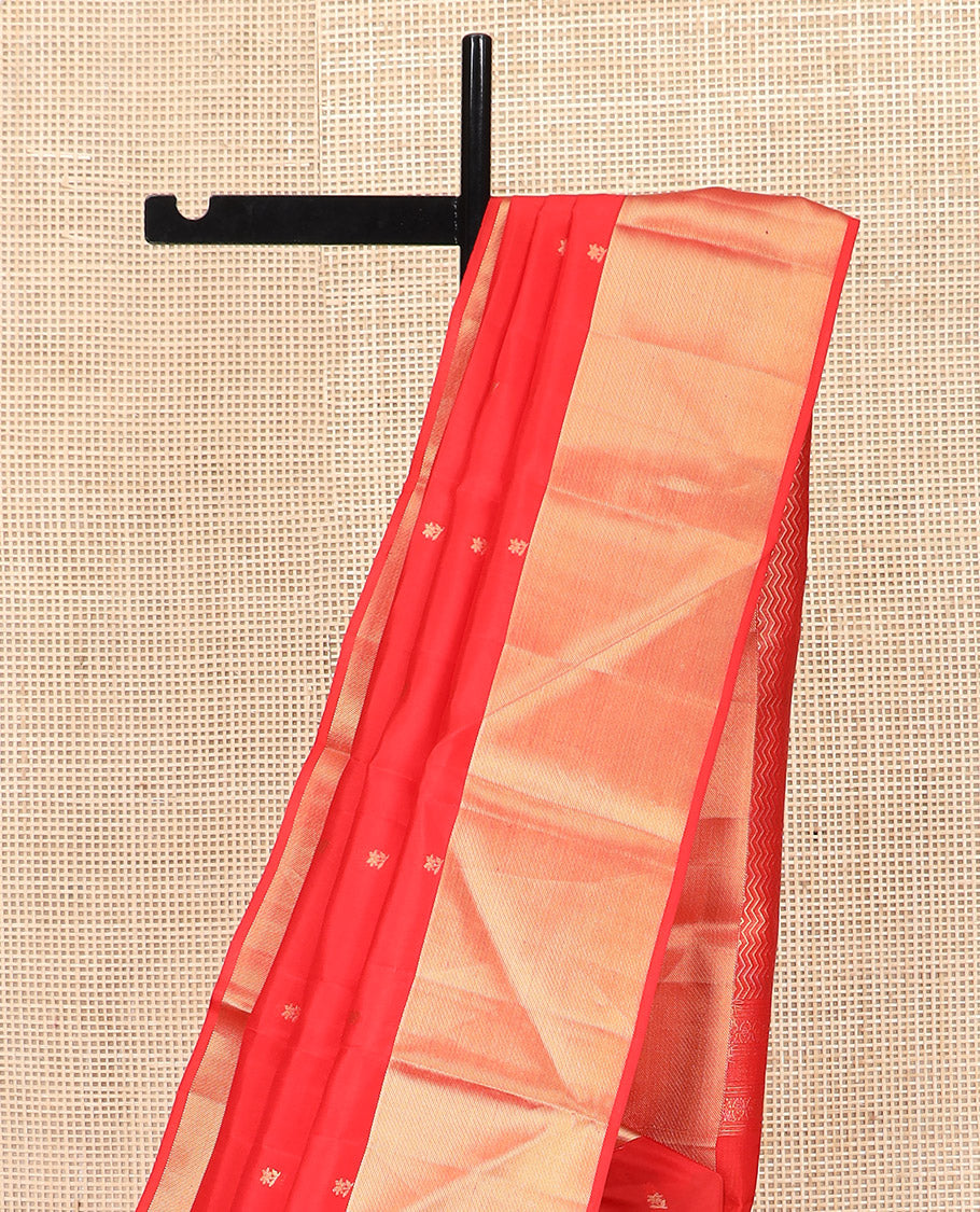 Red Vasundhara Lite Silk Mix Saree, Artfully Detailed with Floral Zari Buttas All Over Its Body, Highlighted by Thick Zari Border, Grandly Woven Pallu of Vanki Designs, and Paired with a Matching Blouse
