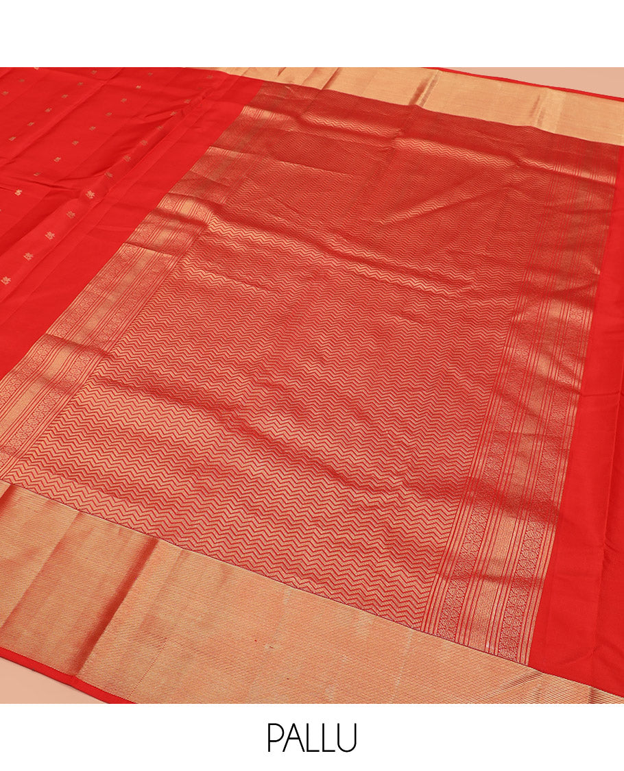 Red Vasundhara Lite Silk Mix Saree, Artfully Detailed with Floral Zari Buttas All Over Its Body, Highlighted by Thick Zari Border, Grandly Woven Pallu of Vanki Designs, and Paired with a Matching Blouse