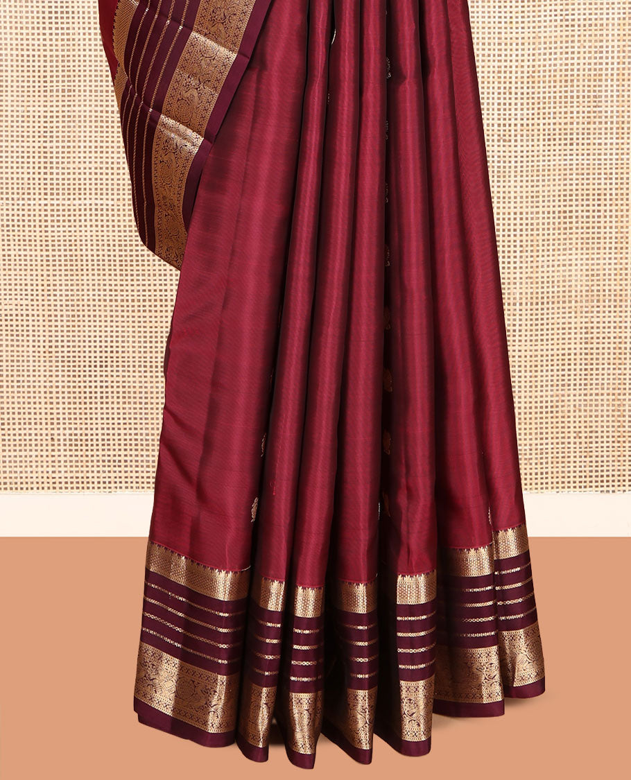 Red Vasundhara Lite Silk Mix Saree, Prettified with Mayil-Chakram Buttas, a Contrast Border of Rekku, Muthu, and Mayil Designs, Grand Pallu, and a Contrast Blouse