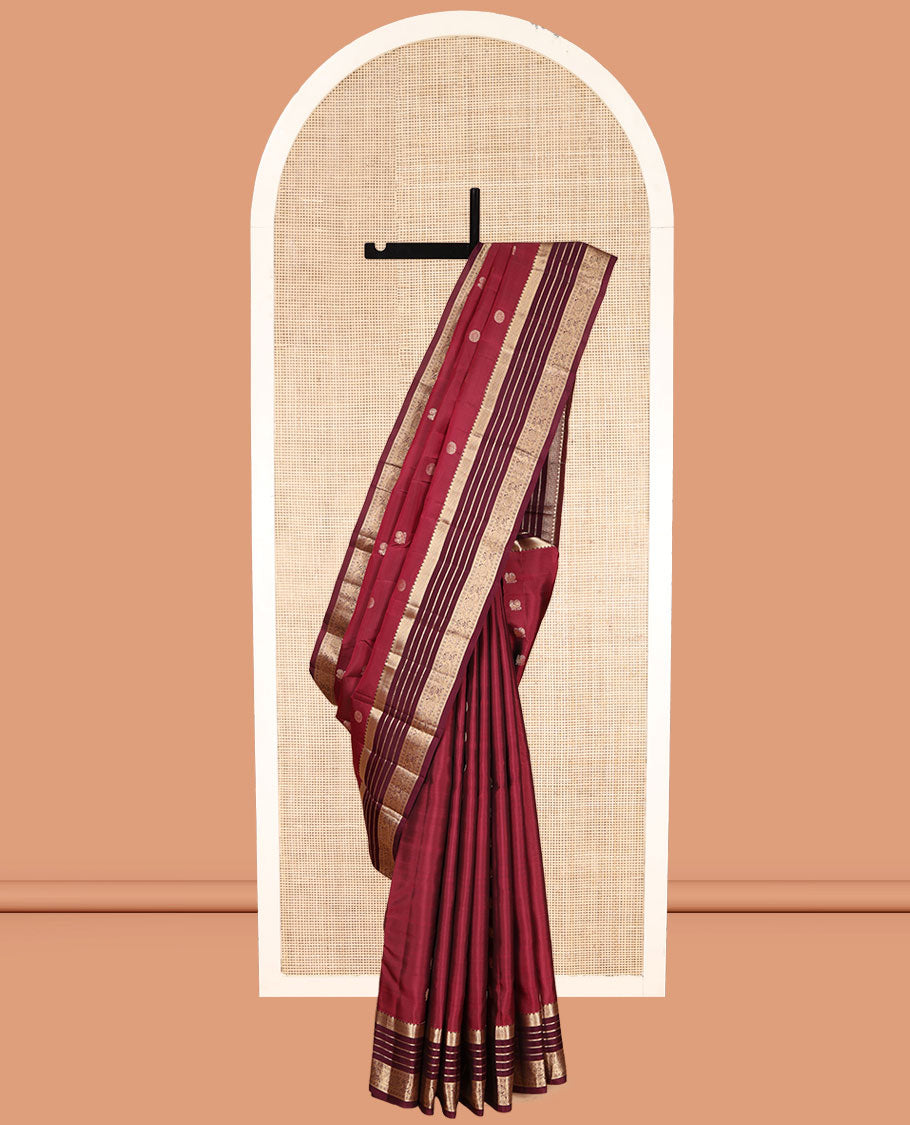 Red Vasundhara Lite Silk Mix Saree, Prettified with Mayil-Chakram Buttas, a Contrast Border of Rekku, Muthu, and Mayil Designs, Grand Pallu, and a Contrast Blouse