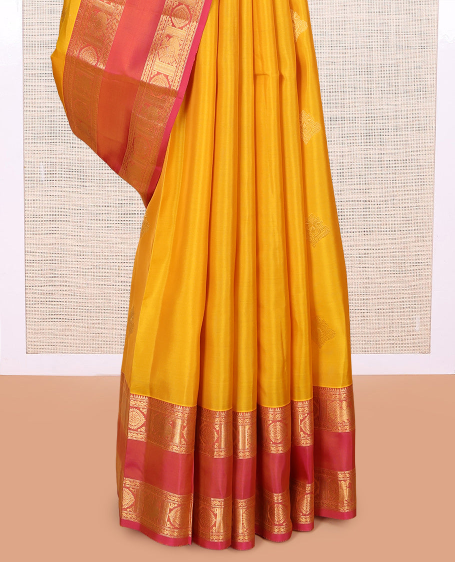 Yellow Buttas Vasundhara Lite Silk Mix Saree, Contrast Rettai Pettu Mayil-Chakram Border, Contrast Blouse