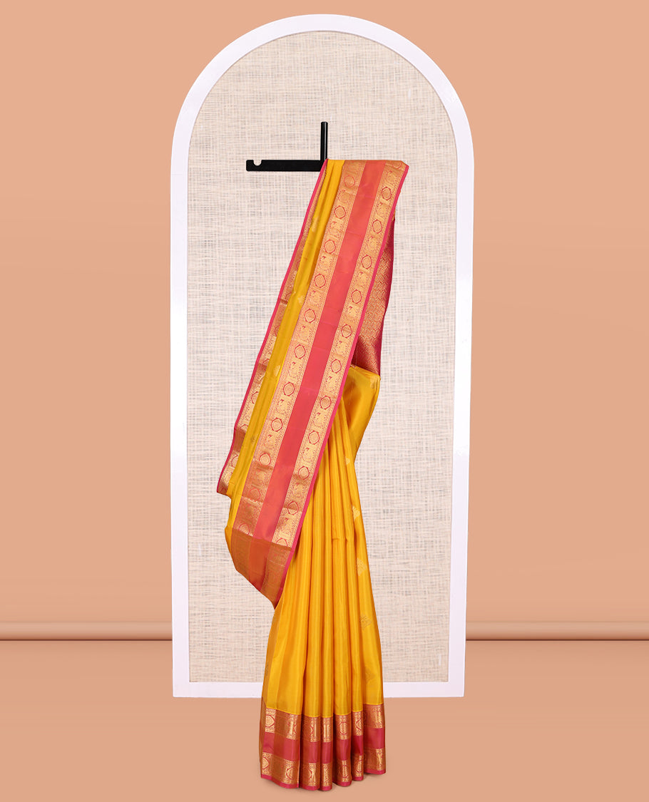Yellow Buttas Vasundhara Lite Silk Mix Saree, Contrast Rettai Pettu Mayil-Chakram Border, Contrast Blouse