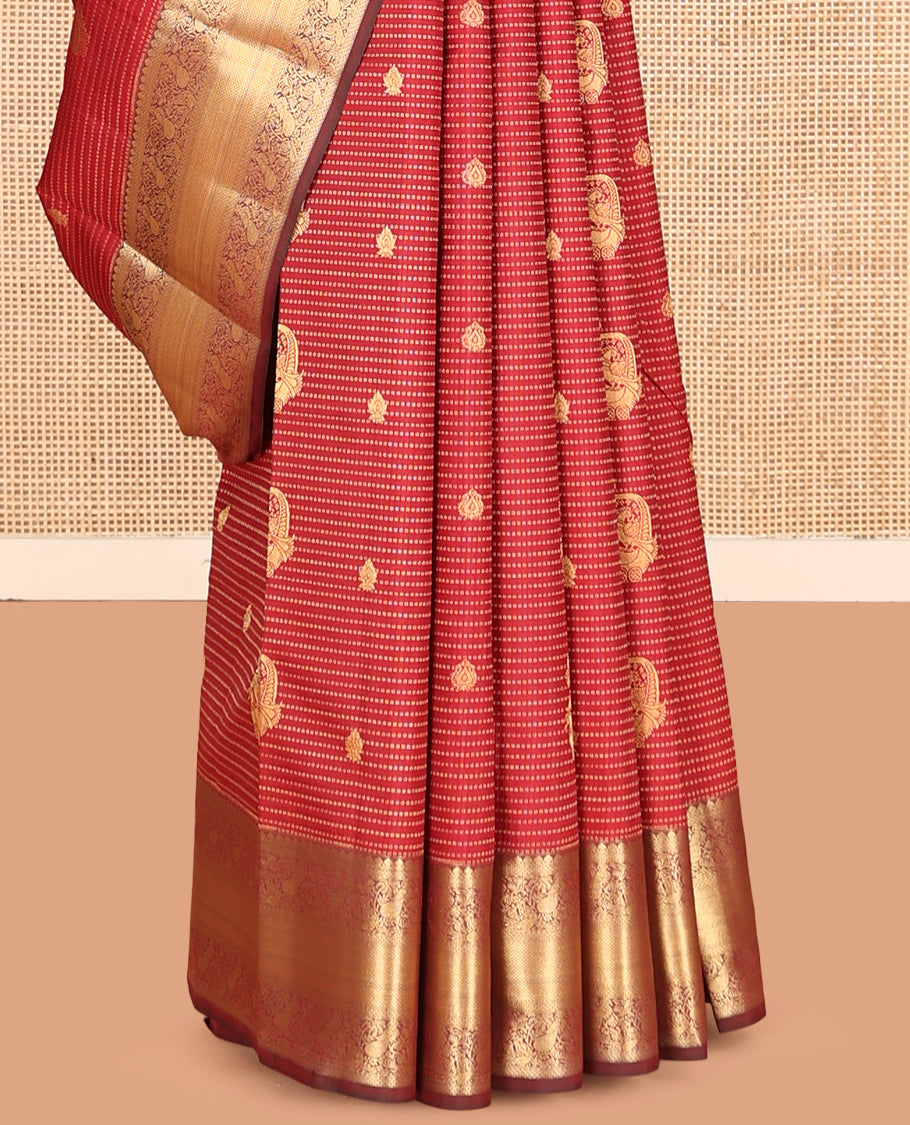 Red Vasundhara Lite Silk Mix Saree, Elevated with Zari Buttas and Muthu Stripes, a Contrast Border of Thilakam Mokku, Ara Maadam, Mayil, and Mayil Kann, Intricate Pallu, and a Contrast Blouse