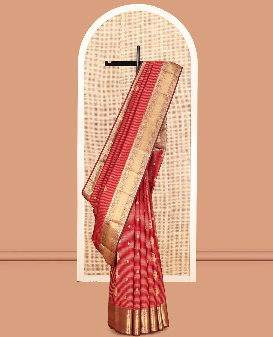 Red Vasundhara Lite Silk Mix Saree, Elevated with Zari Buttas and Muthu Stripes, a Contrast Border of Thilakam Mokku, Ara Maadam, Mayil, and Mayil Kann, Intricate Pallu, and a Contrast Blouse