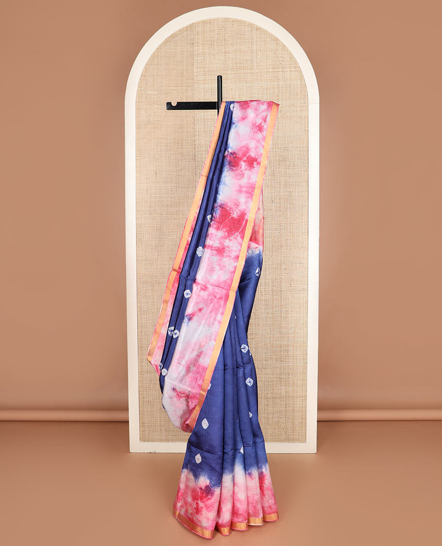 Blue shibori printed banana pith saree, contrast shibori printed piping border, and shibori printed pallu