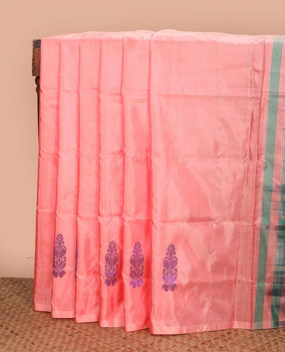 Borderless peach buttas Banana pith saree, contrast pallu of buttas