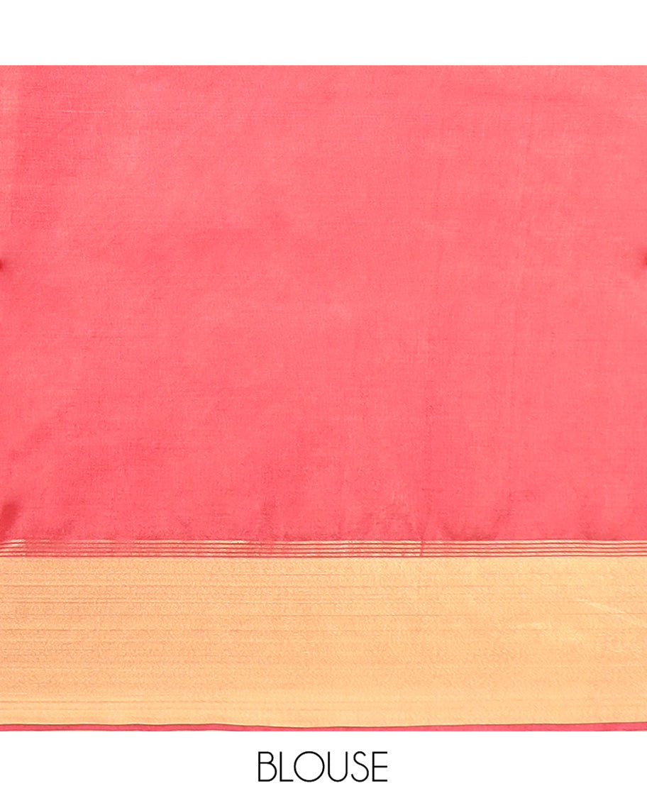 Crimson Red Banana Pith Saree Embellished with Zari Buttas, Temple Border of Zari Designs, Subtle Pallu of Zari Designs, and Paired with a Matching Blouse