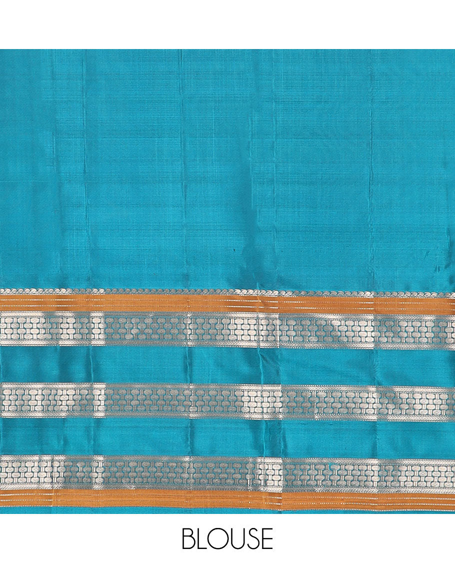 Rust zari buttas silk saree, contrast border of manga mokku,muthu,kathir & rudraksham motifs & geometric patterned pallu