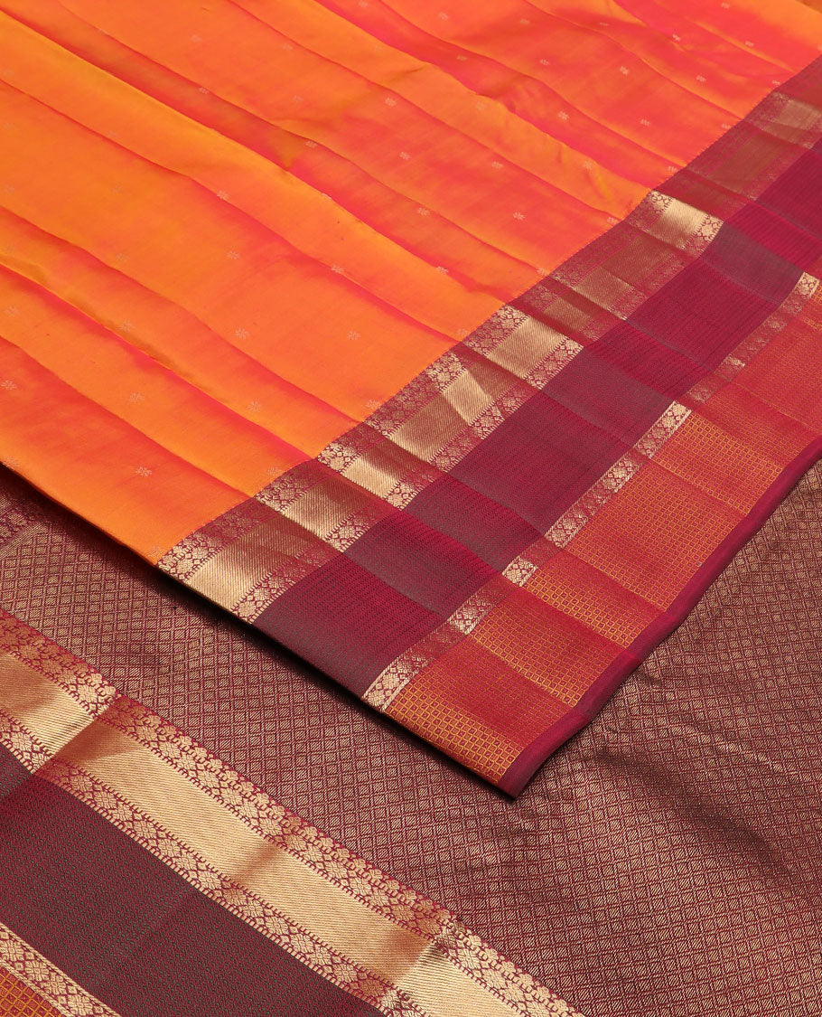Orange zari buttas silk saree, contrast rettai pettu traditional zari border & jaal pallu