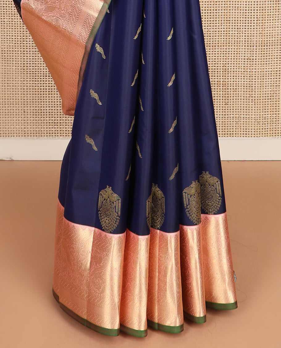 Blue bird buttas silk saree, contrast border of puli nagam, mayil, and then kuli kann and jaal pallu