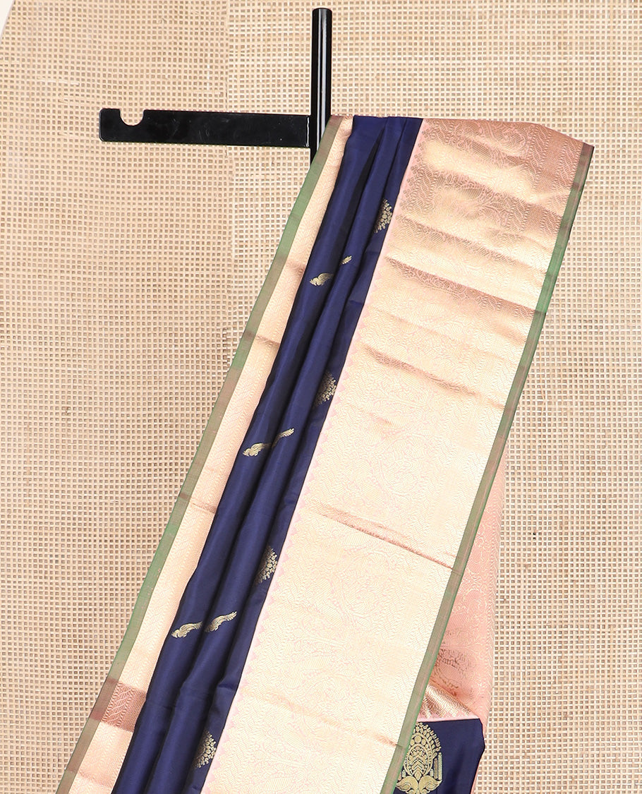 Blue bird buttas silk saree, contrast border of puli nagam, mayil, and then kuli kann and jaal pallu