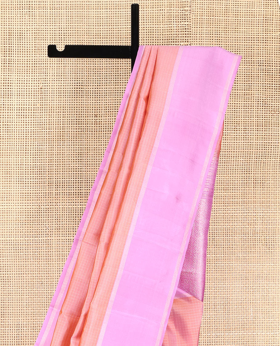 Peach Vasundhara Silk Saree, Bedecked with Zari Checks All Over Its Body, Complemented by Contrast Rettai Pettu Zari Stripes Border, Sparsely Woven Pallu of Jaal Designs, and Paired with a Contrast Blouse