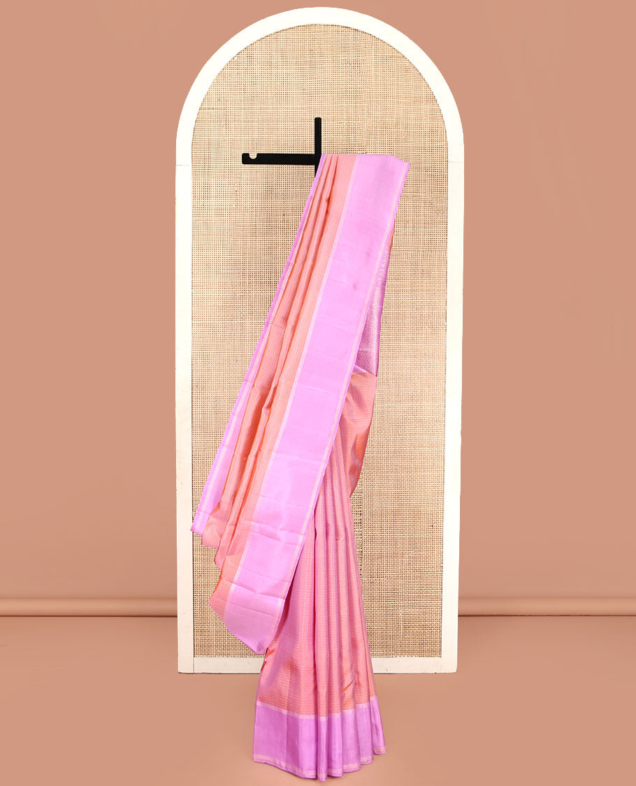 Peach Vasundhara Silk Saree, Bedecked with Zari Checks All Over Its Body, Complemented by Contrast Rettai Pettu Zari Stripes Border, Sparsely Woven Pallu of Jaal Designs, and Paired with a Contrast Blouse