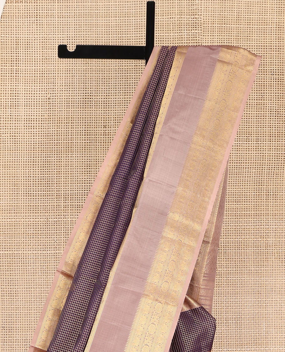 Purple Vasundhara Silk Saree, Steeped in Richness with Mayil-Chakram Buttas and Zari Checks, Complemented by a Contrast Rettai Pettu Border of Ara Bogudi, Muthu, Banaras, Iruthalai Pakshi, and Chakram Designs, Jaal Pallu, and Paired with a Contrast Blouse