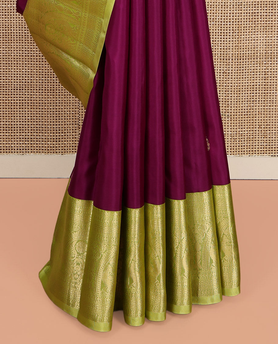 Wine Vasundhara Silk Saree, Graced with Zari Buttas, Complemented by Contrast Traditional Border of Mayil Designs, Grand Pallu, and a Contrast Blouse