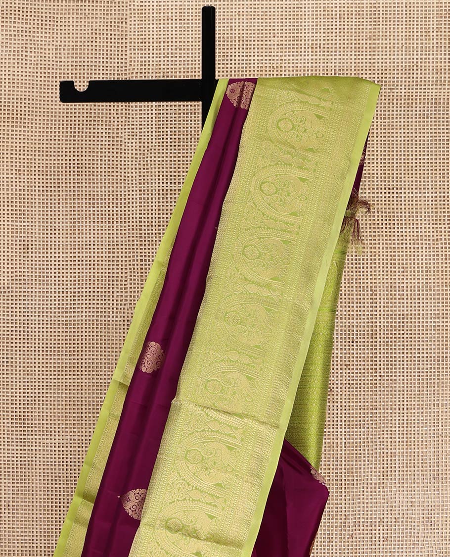 Wine Vasundhara Silk Saree, Graced with Zari Buttas, Complemented by Contrast Traditional Border of Mayil Designs, Grand Pallu, and a Contrast Blouse
