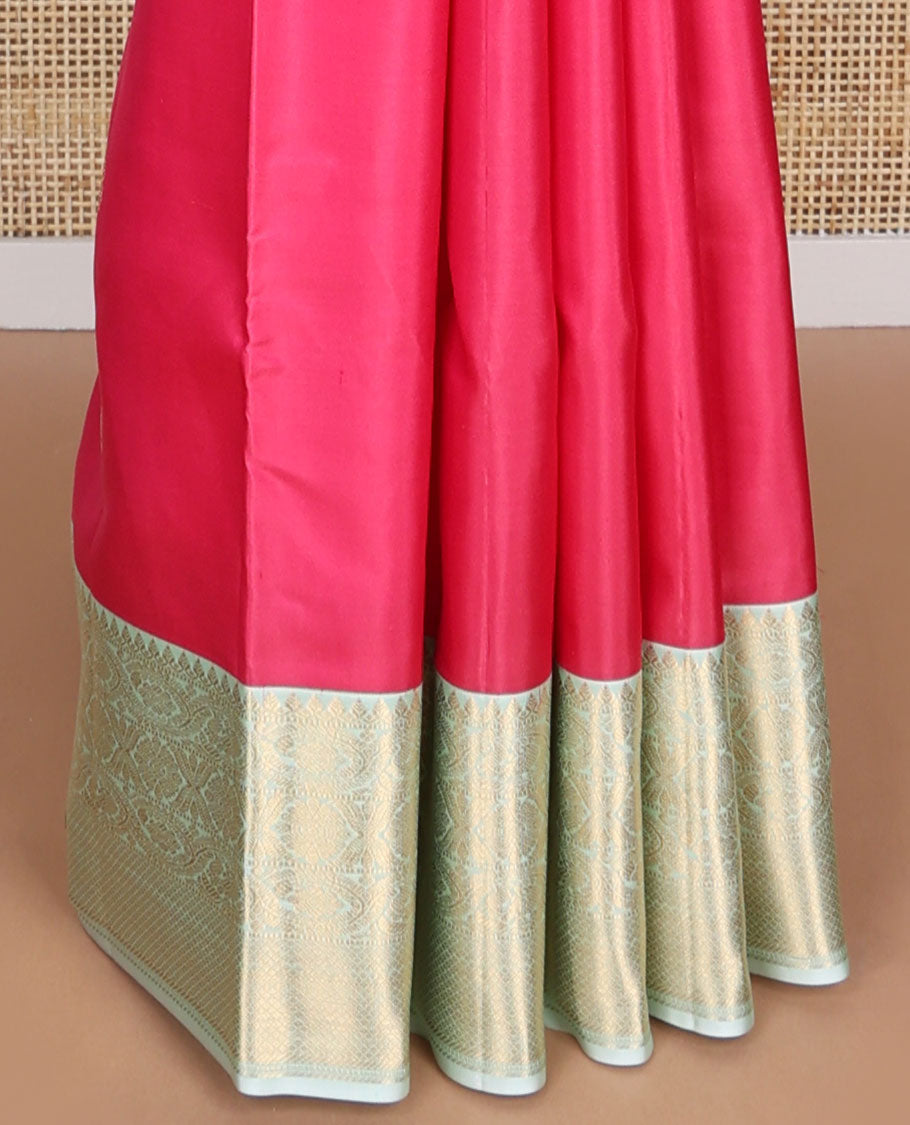 Red leaf buttas silk saree with contrast intricate zari design border & checked floral design pallu