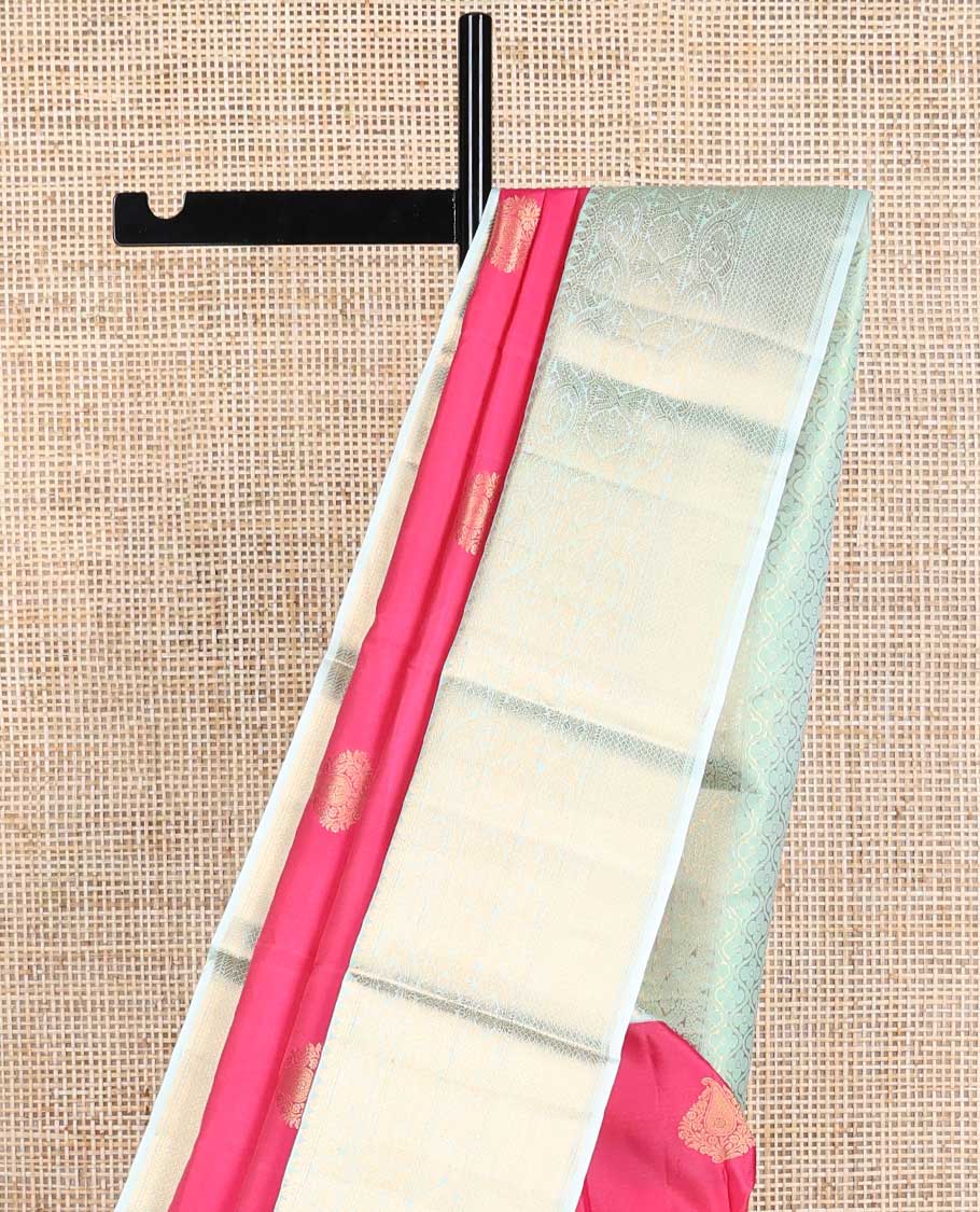 Red leaf buttas silk saree with contrast intricate zari design border & checked floral design pallu