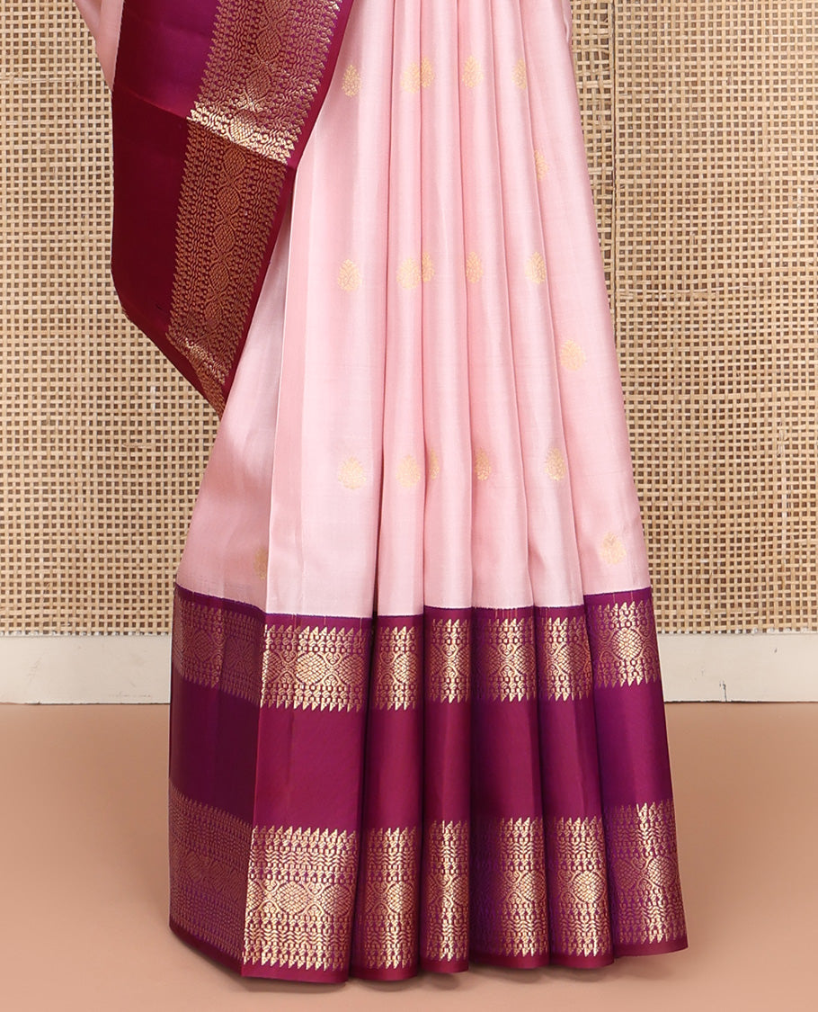 Baby Pink Vasundhara Silk Saree, Subtly Woven with Zari Buttas All Over Its Body, Complemented by Contrast Rettai Pettu Border of Laddu Kamalam Designs, Grand Jaal Pallu and Paired with a Contrast Blouse