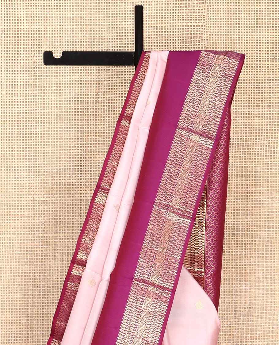 Baby Pink Vasundhara Silk Saree, Subtly Woven with Zari Buttas All Over Its Body, Complemented by Contrast Rettai Pettu Border of Laddu Kamalam Designs, Grand Jaal Pallu and Paired with a Contrast Blouse
