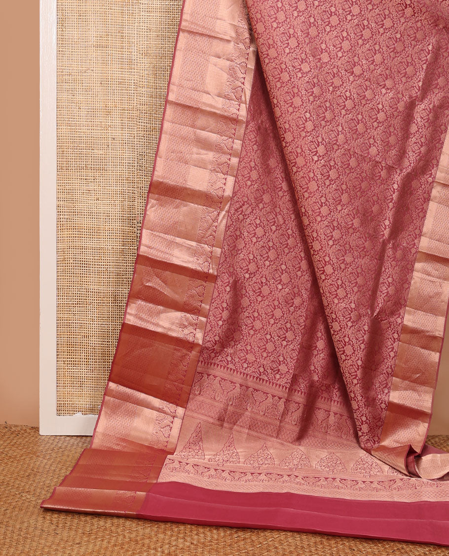 Red jacquard wedding silk saree, zari border of rekku,Muthu,kazhugu & jaal design & zari embellished pallu