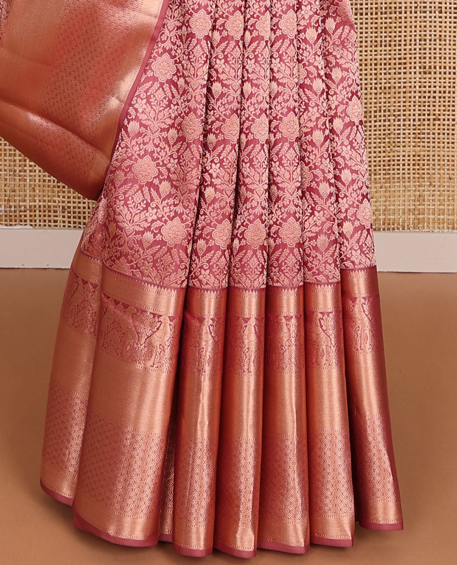 Red jacquard wedding silk saree, zari border of rekku,Muthu,kazhugu & jaal design & zari embellished pallu