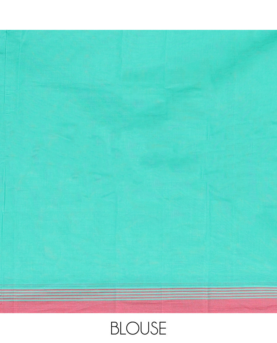 Turquoise Kanchi Cotton Saree, Decked Up with Tree Motifs All Over Its Body, Complemented by Contrast Border, Pallu of Stripes and Flower-vase Motifs , and Paired with a Matching Blouse