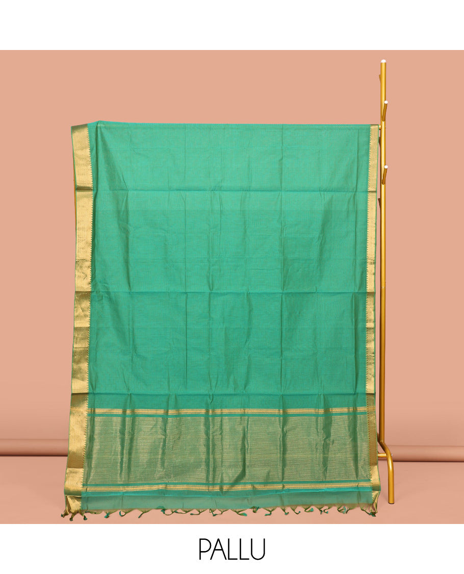 Green Sparsely Striped Mangalgiri Cotton Saree, Highlighted by a Zari Border, Gleaming Zari-Striped Pallu, and Paired with a Matching Blouse