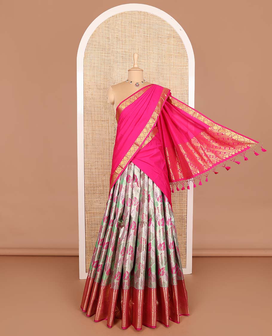 Multi-color art silk half saree material , jacquard with contrast traditional zari bordered skirt, contrast jacquard blouse, and intricate dhavani
