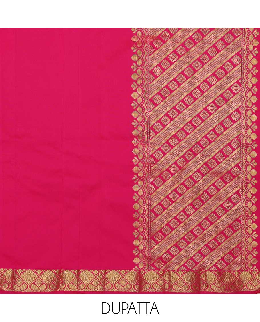 Multi-color art silk half saree material , jacquard with contrast traditional zari bordered skirt, contrast jacquard blouse, and intricate dhavani