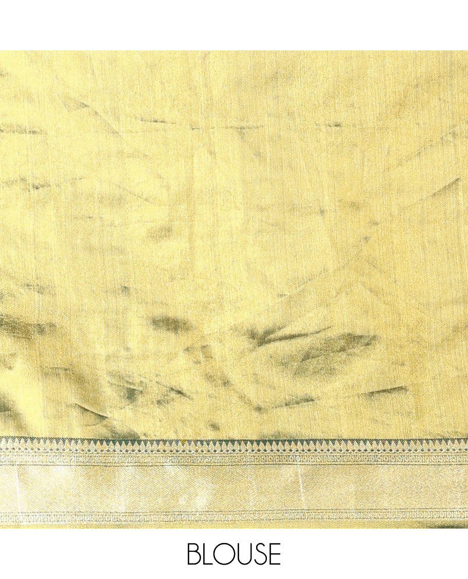 Green art-silk half-saree, plain with contrast bordered skirt, contrast blouse, and a scallop stone work dhavani