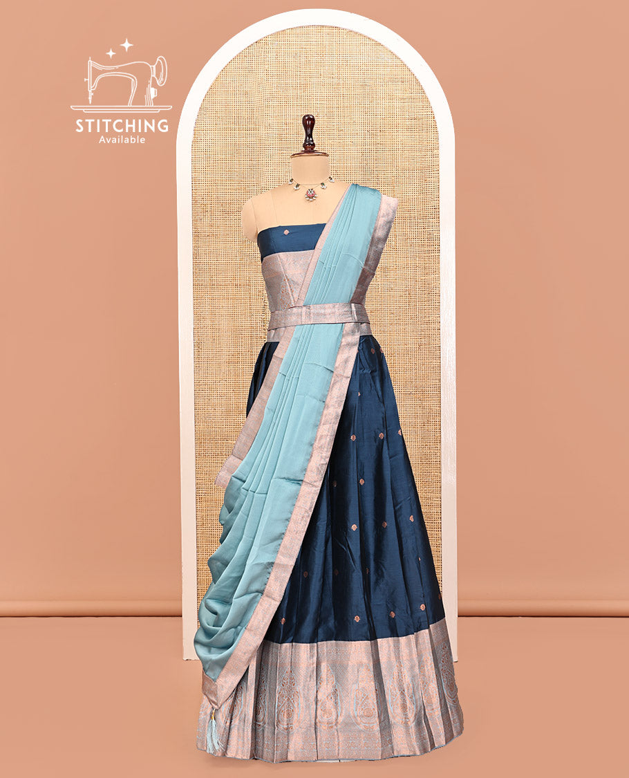 Blue Art Silk Half Saree Features Buttas Steeped Skirt, Complemented by Contrast Traditional Border, Contrast Blouse, and a Embroidery Scallop Dhavani
