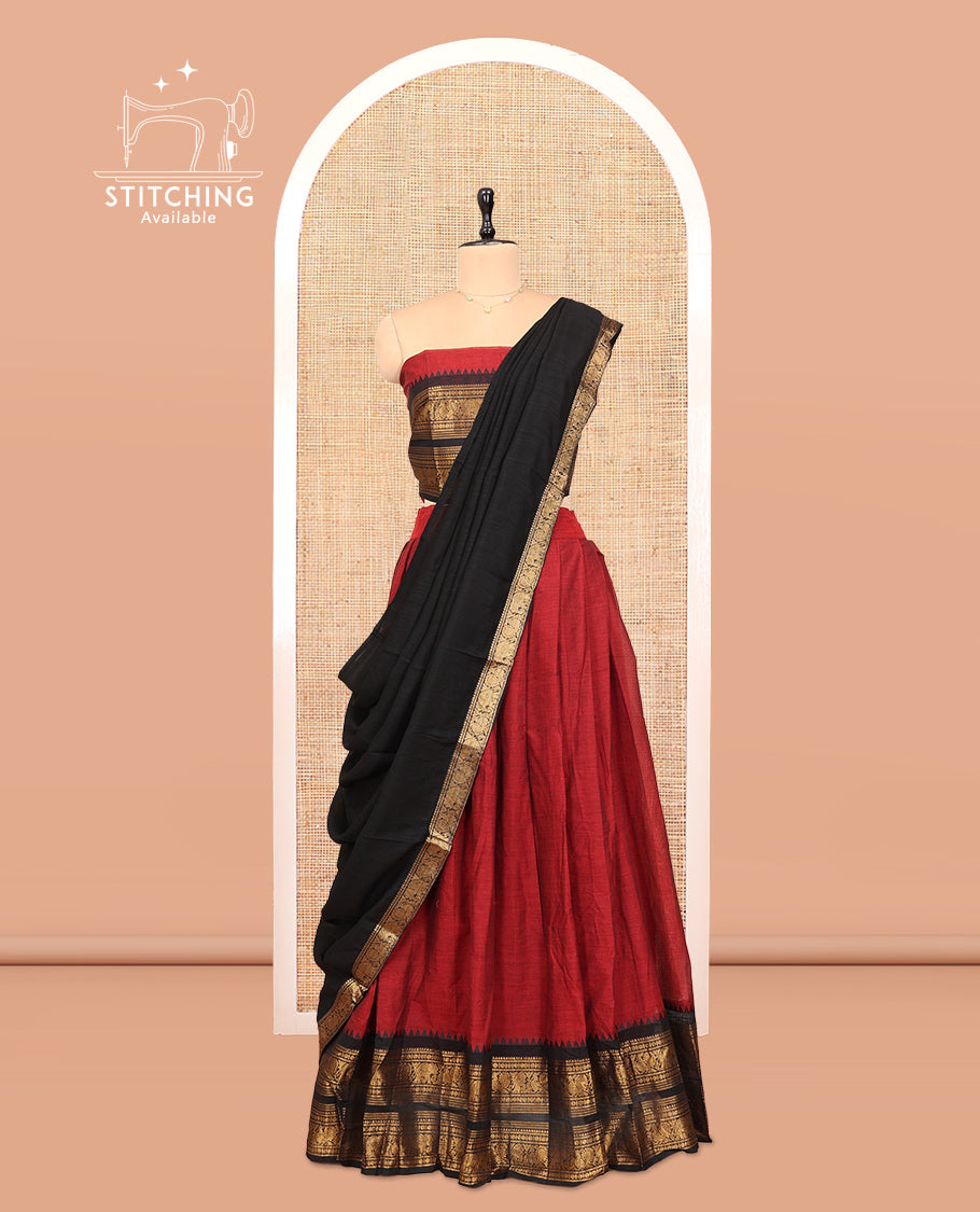 Maroon Cotton Half-Saree Features Plain Skirt, a Contrast Traditional Zari Border, a Matching Blouse, and a Contrast Dhavani