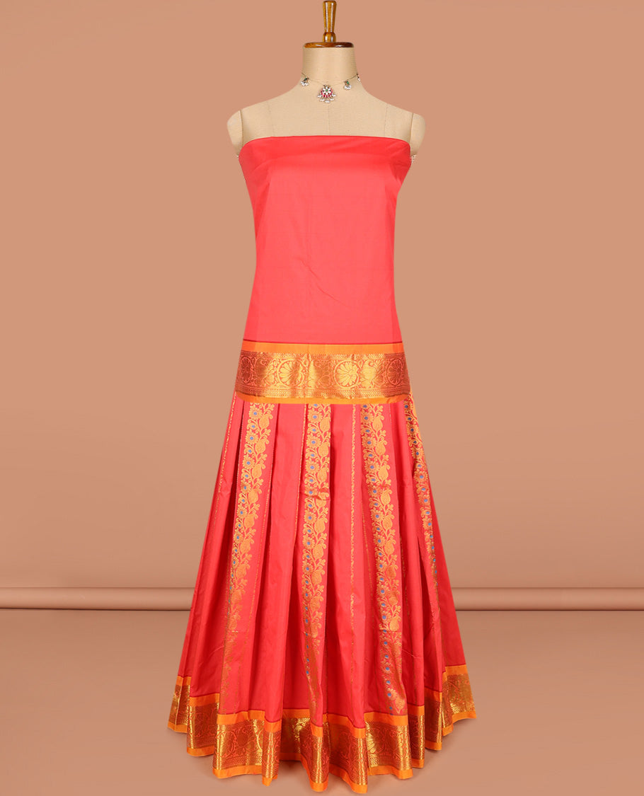 Red art silk half-saree pavadai material, zari design with contrast traditional bordered skirt, matching blouse, and zari design dhavani