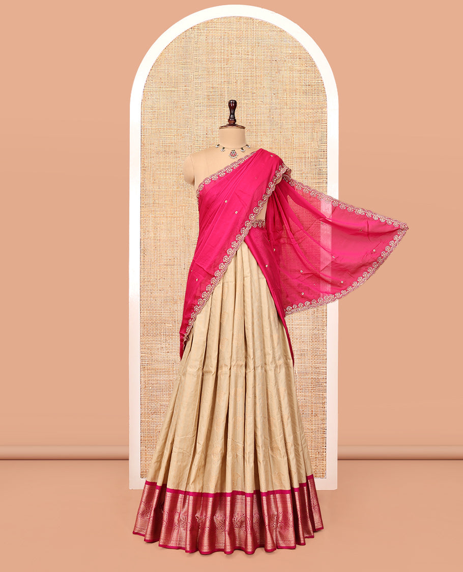 Sandal Art Silk Half-Saree Pavadai Material with Sparsely Woven Skirt, a Contrast Traditional Border, Contrast Blouse, and Scallop Embroidered Dhavani