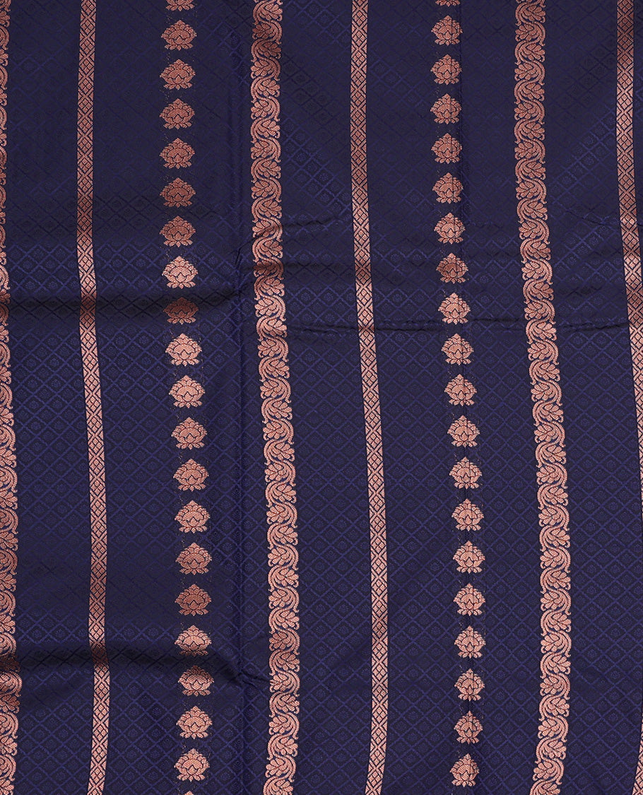 Navy blue art silk pavadai set, embossed, zari design and contrast traditional zari bordered skirt and a contrast dual-toned zari border blouse