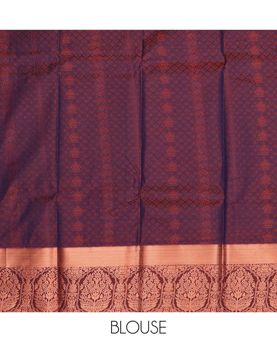 Navy blue art silk pavadai set, embossed, zari design and contrast traditional zari bordered skirt and a contrast dual-toned zari border blouse