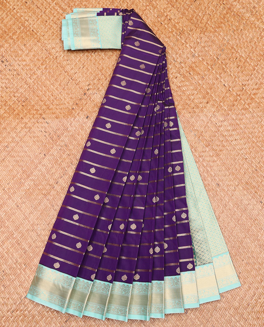 Purple Budget Silk Saree Detailed with Zari Buttas and Neli Stripes, Featuring a Contrast Traditional Zari-Designed Border, a Subtly Zari-Woven Jaal Pallu, Paired with a Contrast Blouse