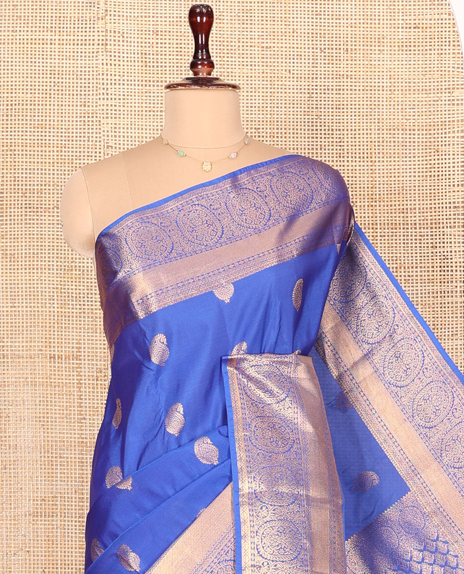 Blue Budget Silk Saree Enthralled with Paisley Buttas All Over Its Body, Highlighted by a Traditional Zari Design Border, Grand Pallu of Jaal Designs, and Paired with a Matching Blouse
