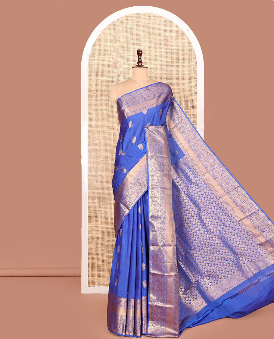 Blue Budget Silk Saree Enthralled with Paisley Buttas All Over Its Body, Highlighted by a Traditional Zari Design Border, Grand Pallu of Jaal Designs, and Paired with a Matching Blouse