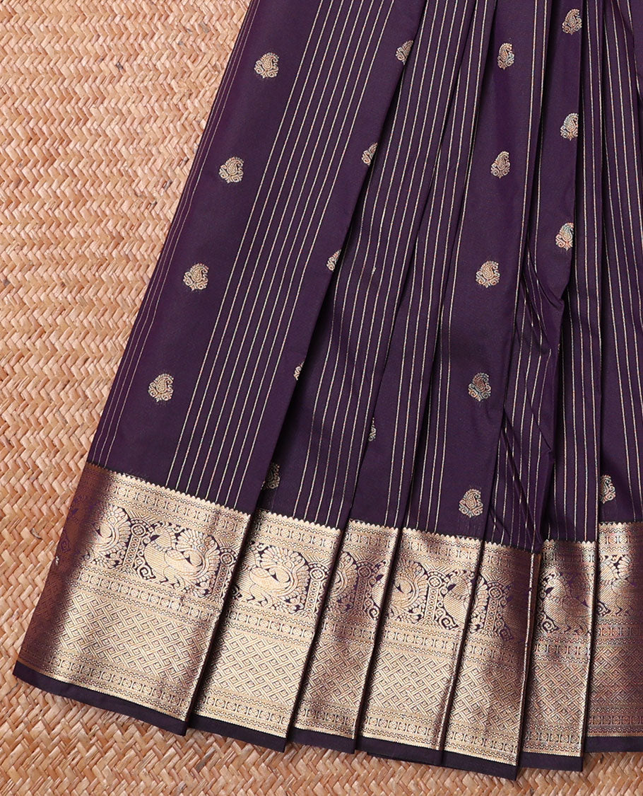 Violet Budget Silk Saree, Beautified with Zari Buttas and Stripes All Over Its Body, Highlighted by a Traditional Zari Design Border of Peacocks, Pallu of Jaal Designs, and Paired with a Matching Blouse