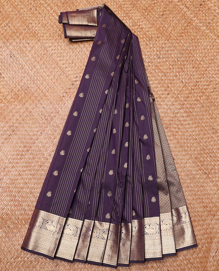 Violet Budget Silk Saree, Beautified with Zari Buttas and Stripes All Over Its Body, Highlighted by a Traditional Zari Design Border of Peacocks, Pallu of Jaal Designs, and Paired with a Matching Blouse