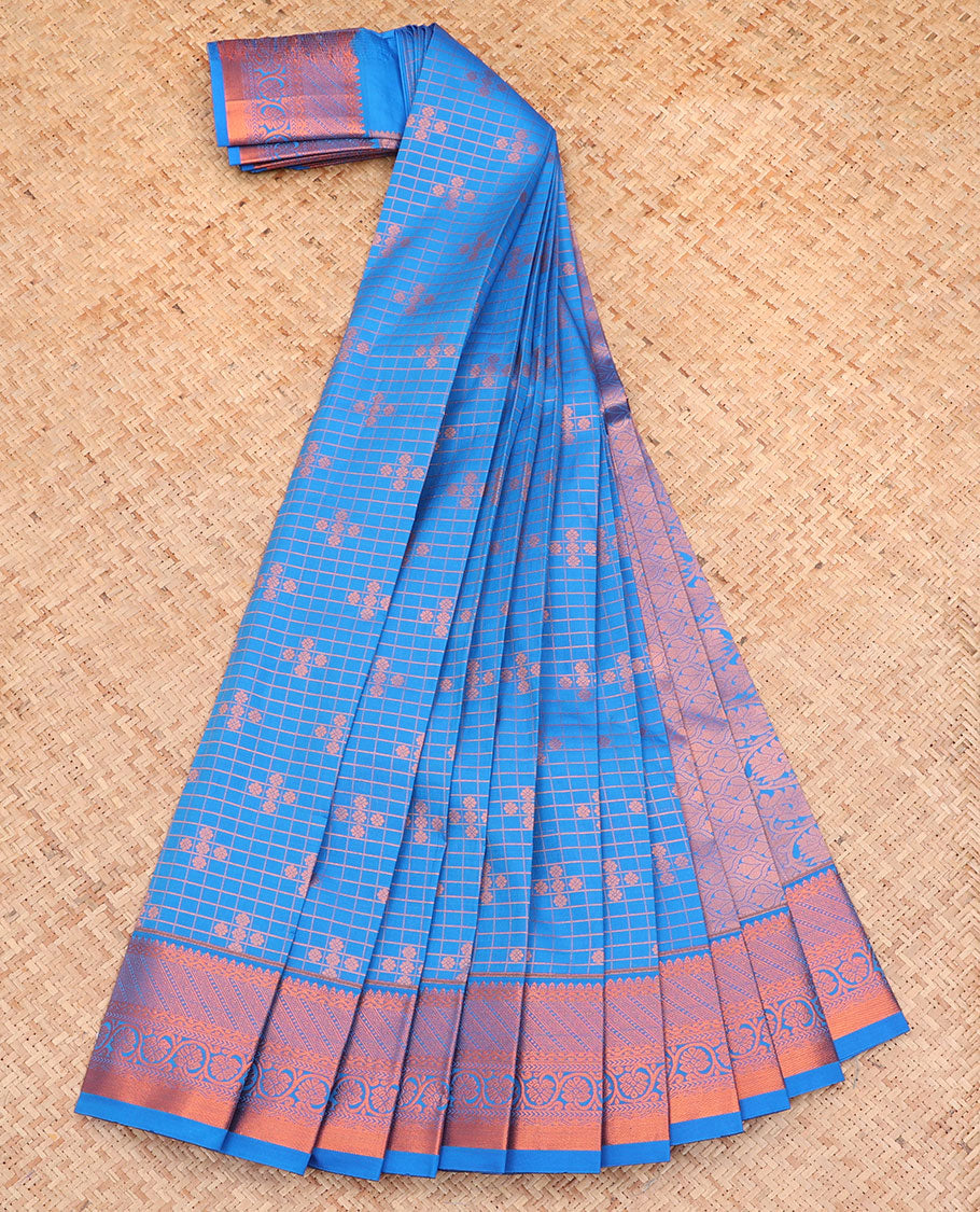 Blue Budget Silk Saree, Finely Crafted with Zari Buttas and Checks All Over Its Body, Highlighted by a Traditional Zari Design Border, Grand Pallu, and Paired with a Matching Blouse