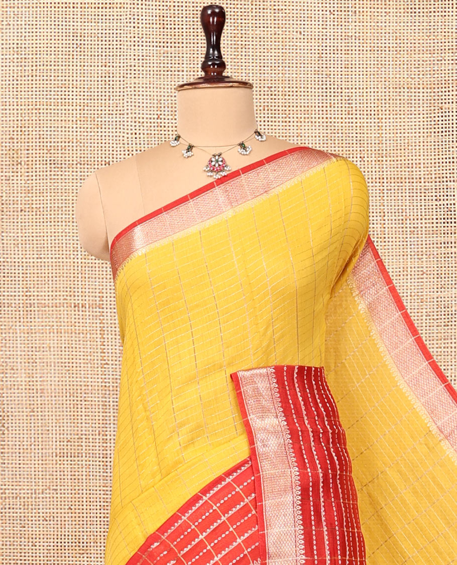 Yellow Assam Silk Saree, Highlighted by Zari Checks, Complemented by Contrast Traditional Border, Zari Striped Pallu, and a Contrast Blouse