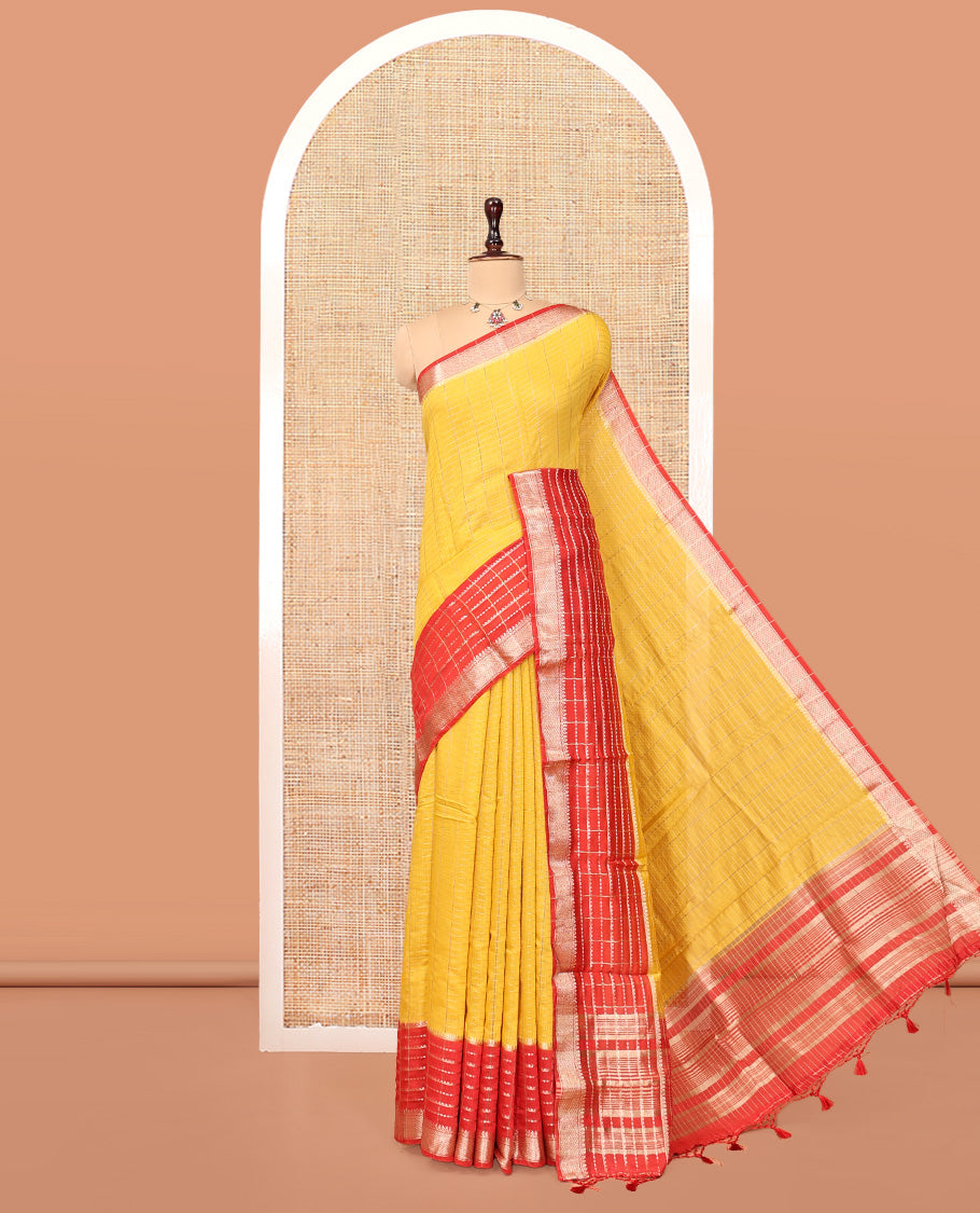Yellow Assam Silk Saree, Highlighted by Zari Checks, Complemented by Contrast Traditional Border, Zari Striped Pallu, and a Contrast Blouse