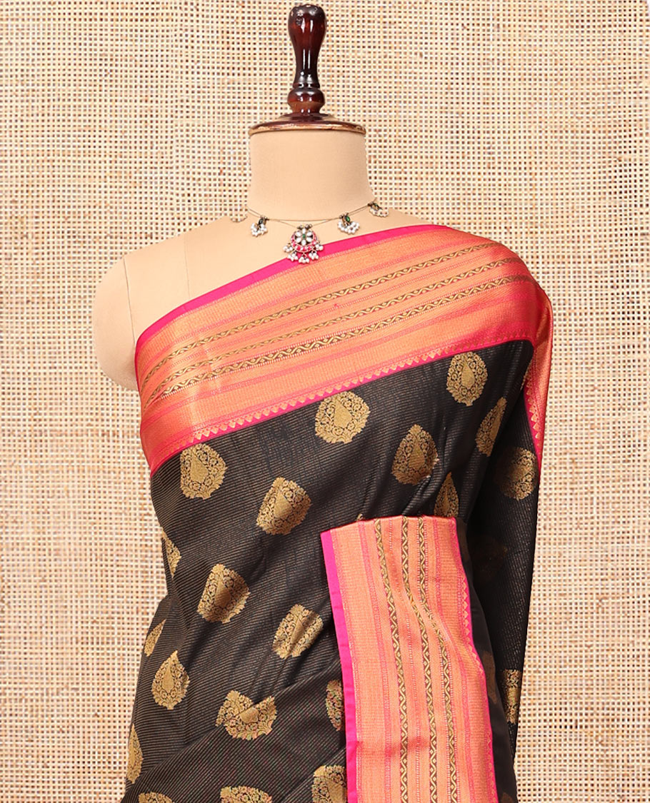Brown Budget Silk Saree, Beautifully Bedecked with Stripes and Buttas, Contrast Traditional Zari Border, Grand Pallu, and a Contrast Blouse