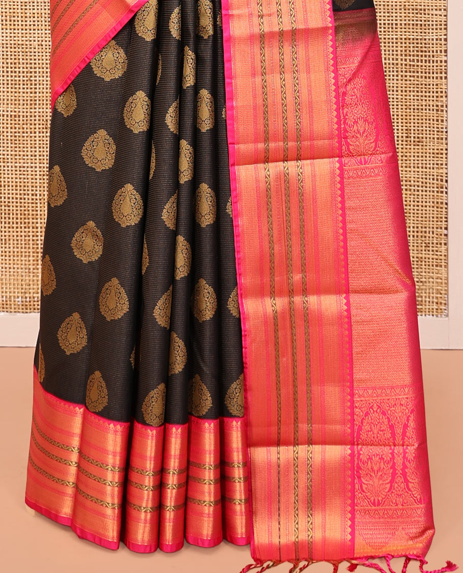 Brown Budget Silk Saree, Beautifully Bedecked with Stripes and Buttas, Contrast Traditional Zari Border, Grand Pallu, and a Contrast Blouse