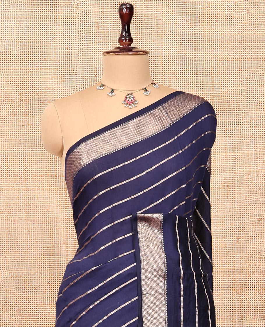Blue Assam Silk Saree, Gleamed Up with Zari Stripes, Highlighted by a Traditional Zari Border, Gleaming Zari-Striped Pallu, and a Matching Blouse