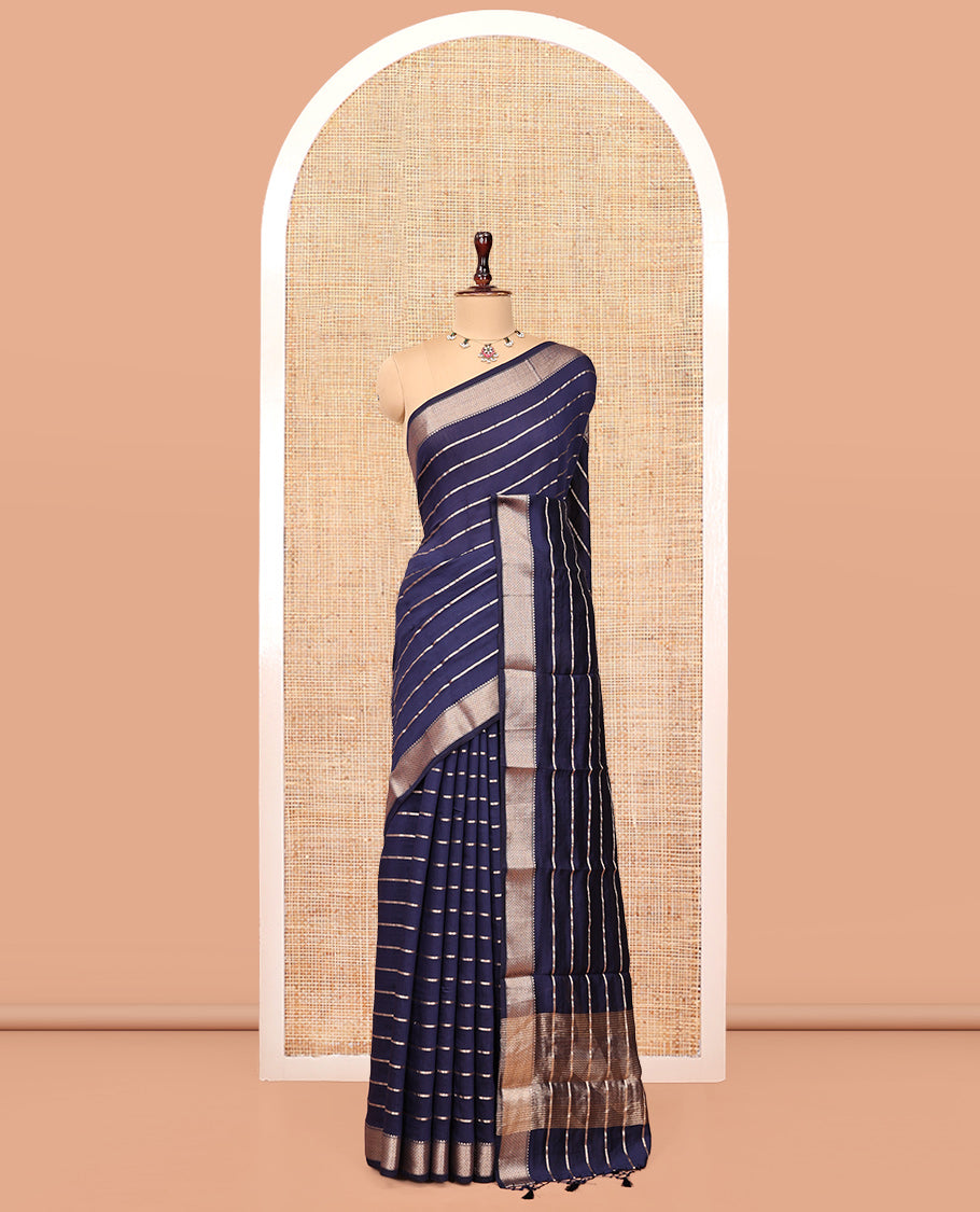 Blue Assam Silk Saree, Gleamed Up with Zari Stripes, Highlighted by a Traditional Zari Border, Gleaming Zari-Striped Pallu, and a Matching Blouse
