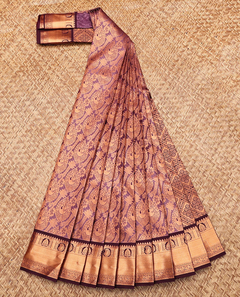 Wine Budget Silk Saree, Beautified with Jacquard, Complemented by Contrast Traditional Zari Border, Grand Pallu, and a Contrast Blouse